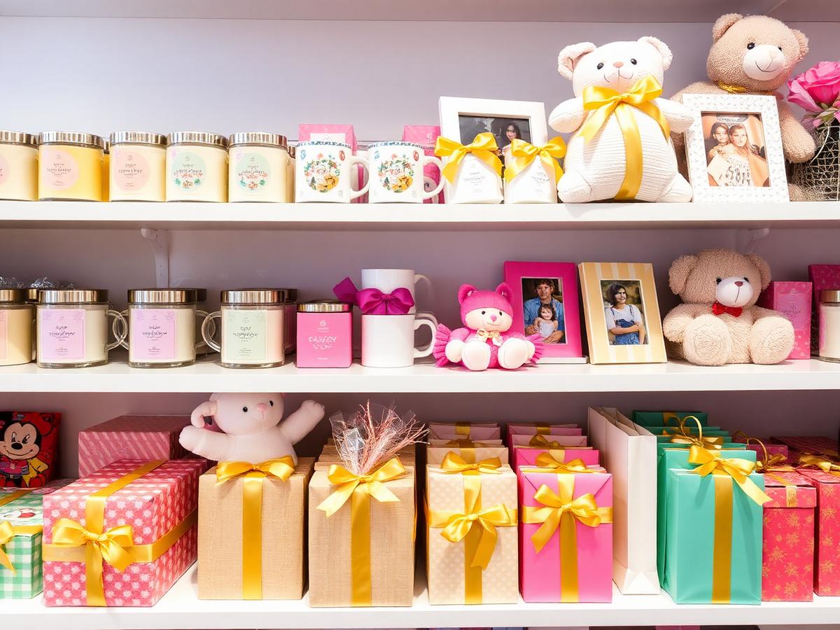 Shelves of gifts, candles, mugs and wrapped presents